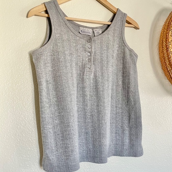 Vintage 90s Gray Ribbed Tank Top Small Button Front Stretch - Picture 2 of 5